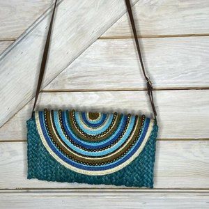 Sun N’ Sand Women’s Purse Bag Blue Boho beaded Crossbody 13X7 Straw